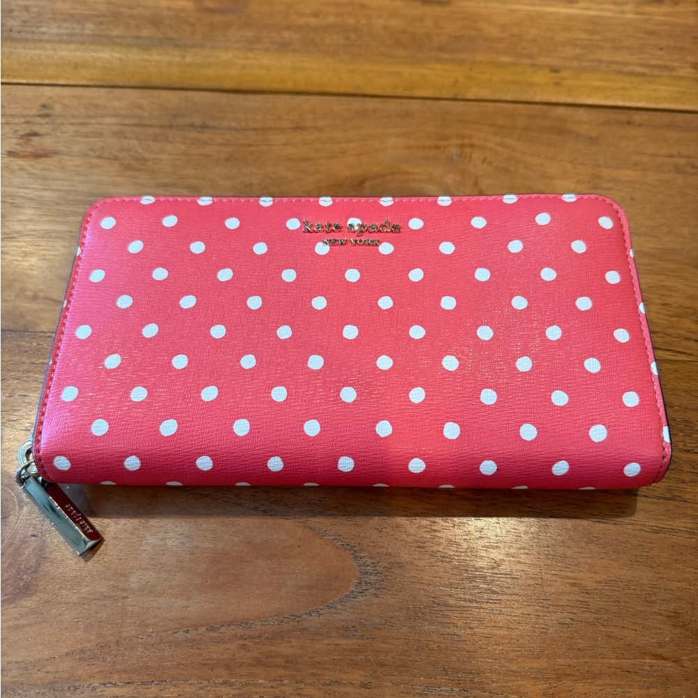 kate spade Coral Polka Dot Wallet with Gold Logo